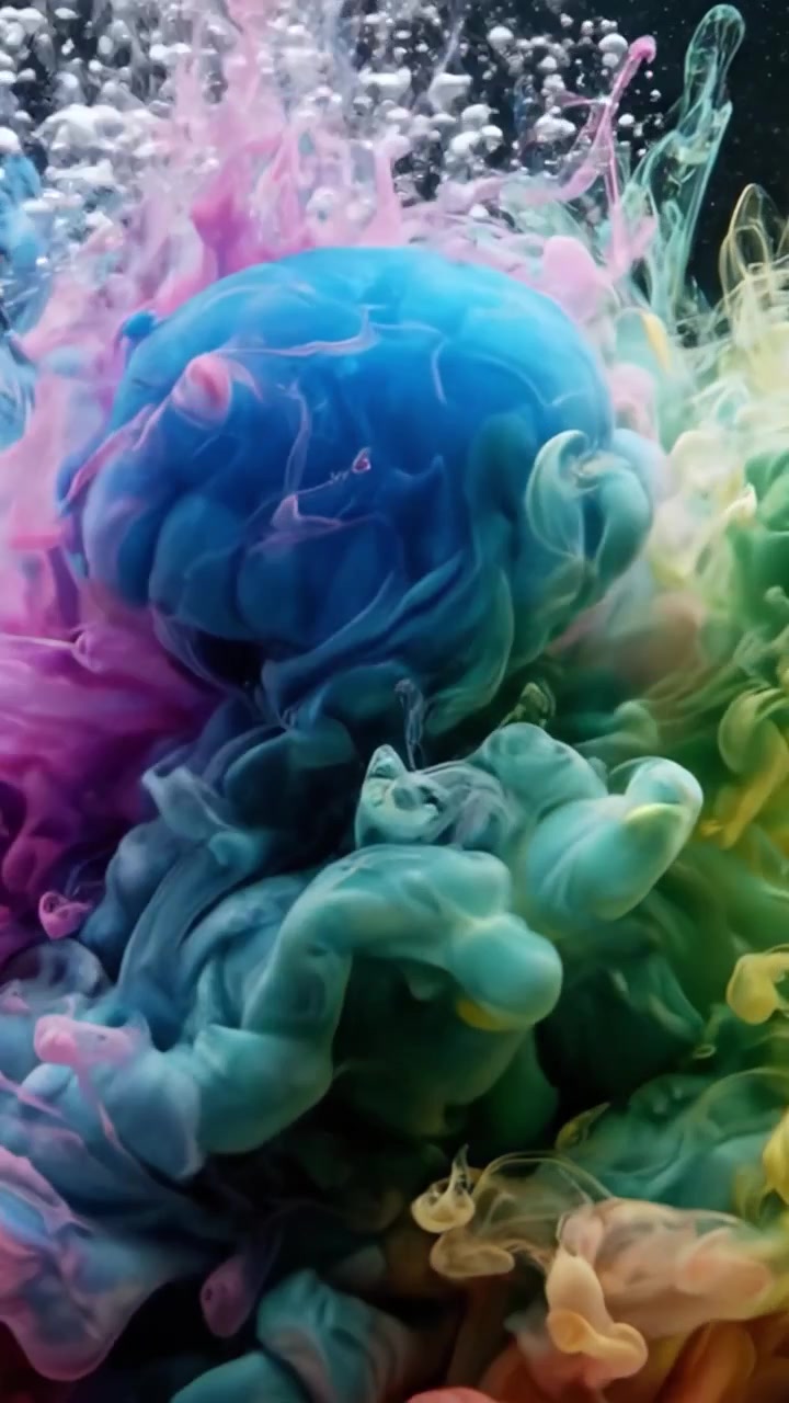 Vibrant Colors Erupt in Fluid Dynamics: A Spectacular Display of Ink Cloud Transformations Captured with Stunning Detail Against a Dark Background
