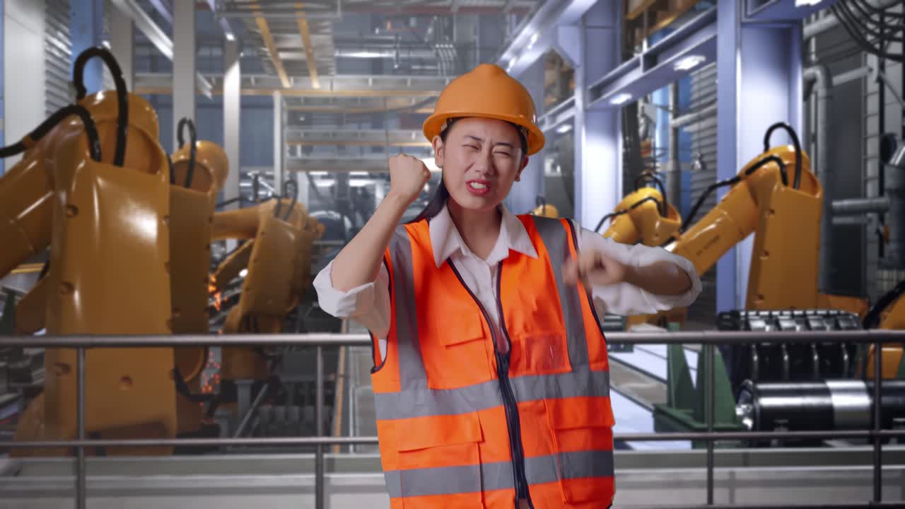 Asian Female Engineer With Safety Helmet Screaming Goal And Dancing Celebrating With Industrial Robotic Arms Working