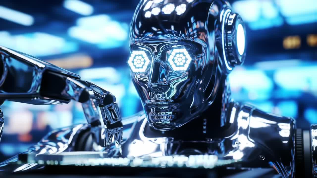 A Futuristic Robot Engaging with Advanced Technology: Close-Up of a Gleaming Chrome Android with Luminous Eyes and Intricate Features in a High-Tech Environment