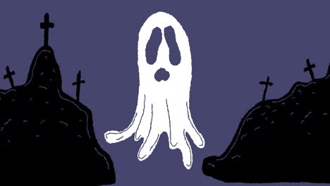 animatie van een spook over een begraafplaats op een paarse achtergrond