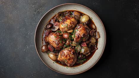 delicious coq au vin on plate with mushrooms and onions