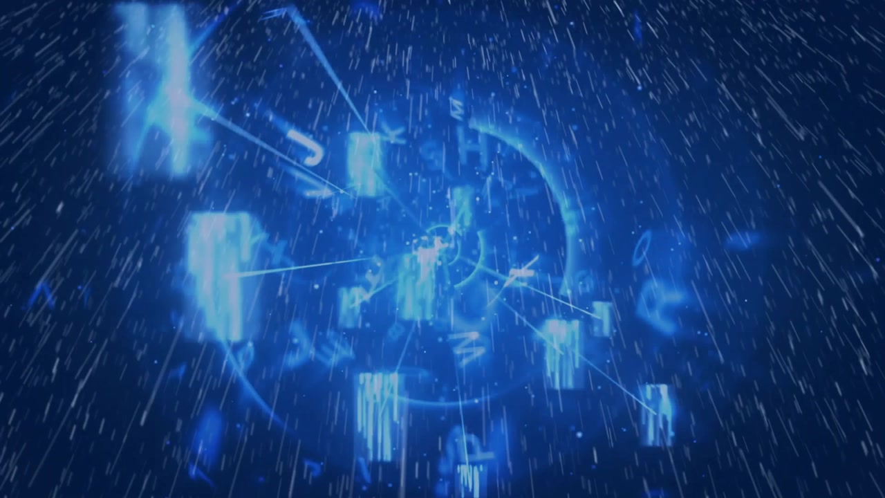 Animation opening on blue drifting rain merging characters toward node visualizing data network