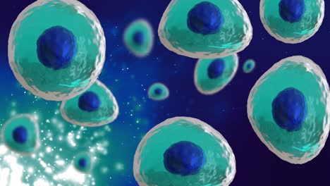 animation of micro of blue and turquoise cells on light spots on blue background