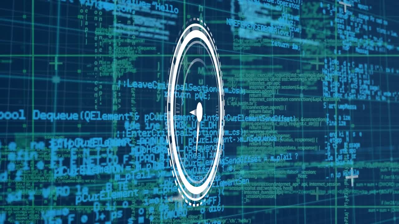 Animation of clock over data processing on dark background
