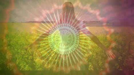 woman walking through a field of flowers