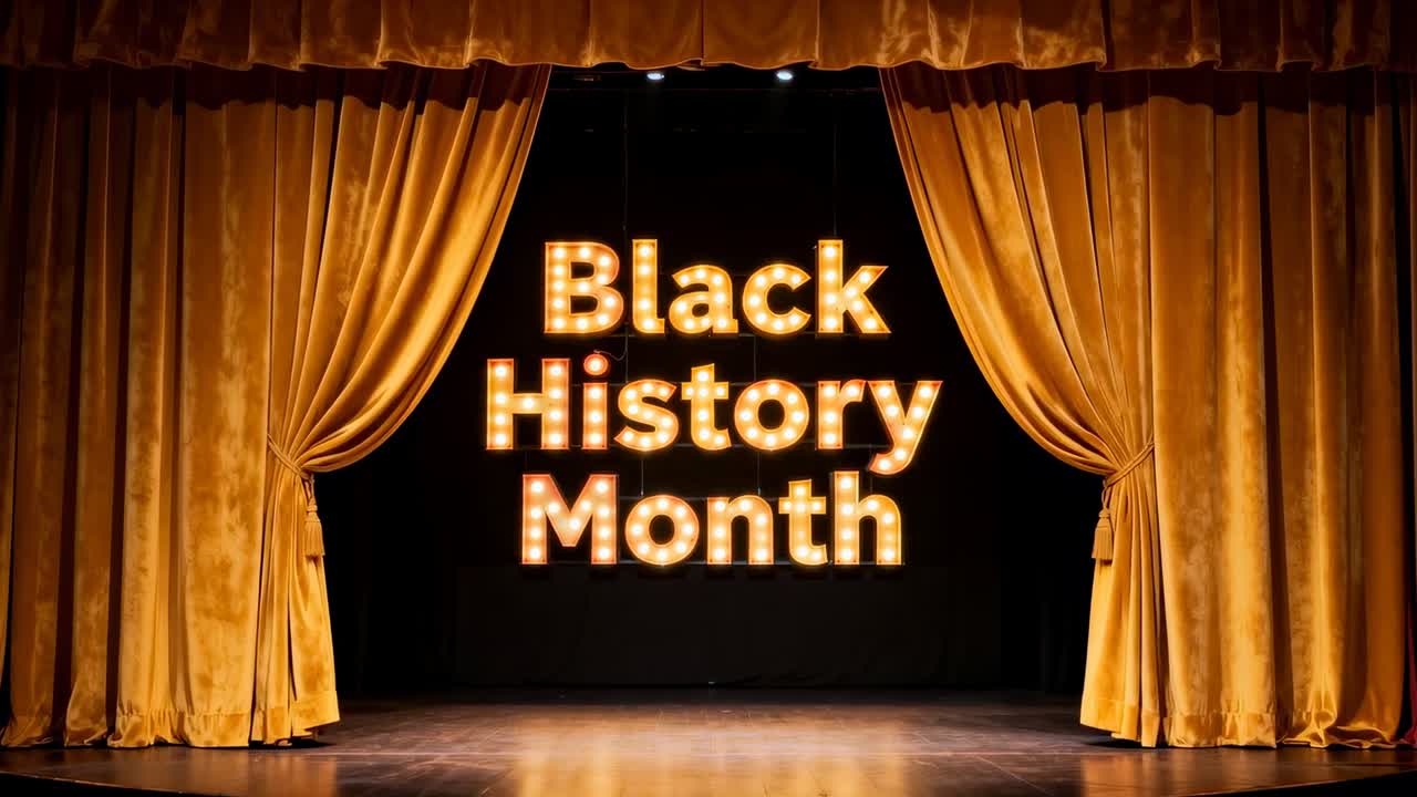 Drawing gold velvet curtains opening stage, revealing illuminated marquee Black History Month