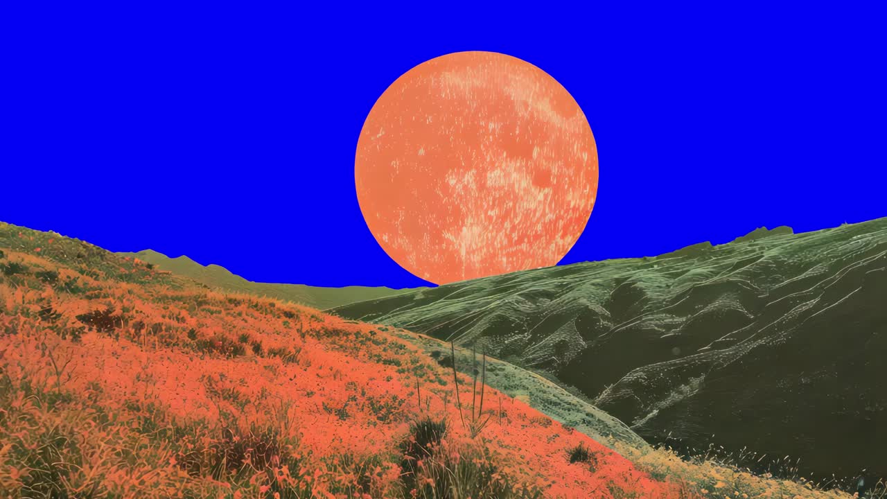 Aesthetic landscape with full moon border animation, transparent 4K video, green screen