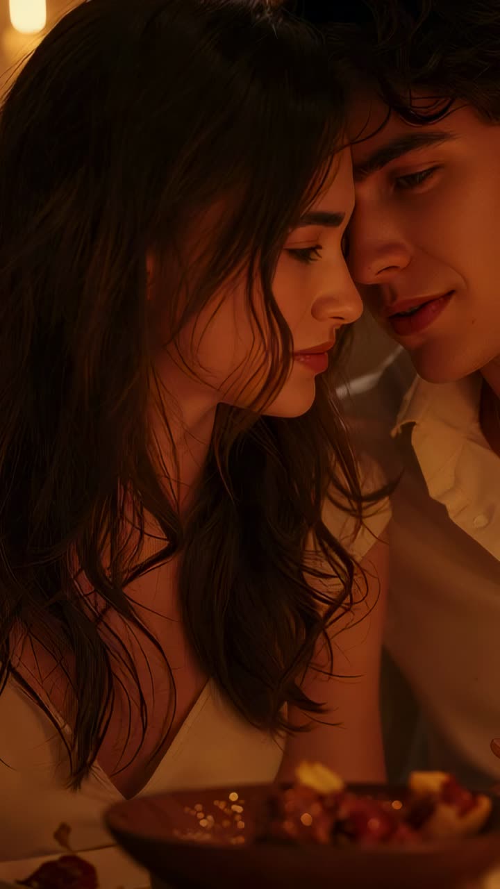 Vertical video: Leaning duo smiling as woman opening eyes at dinner for intimacy bowl and lights