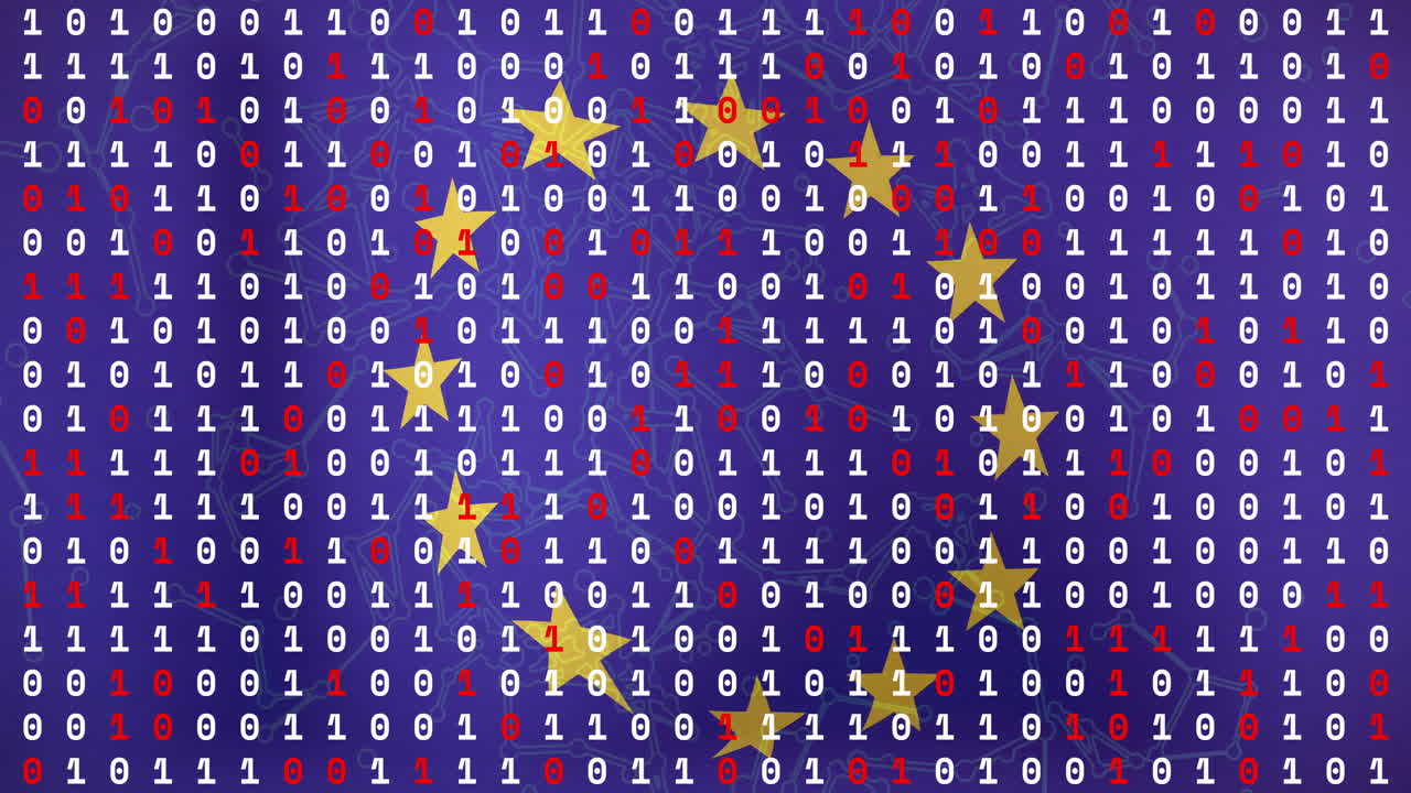 Binary code and stars animation over blue background with red arrows