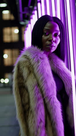 stylish woman in fur coat under purple neon lights
