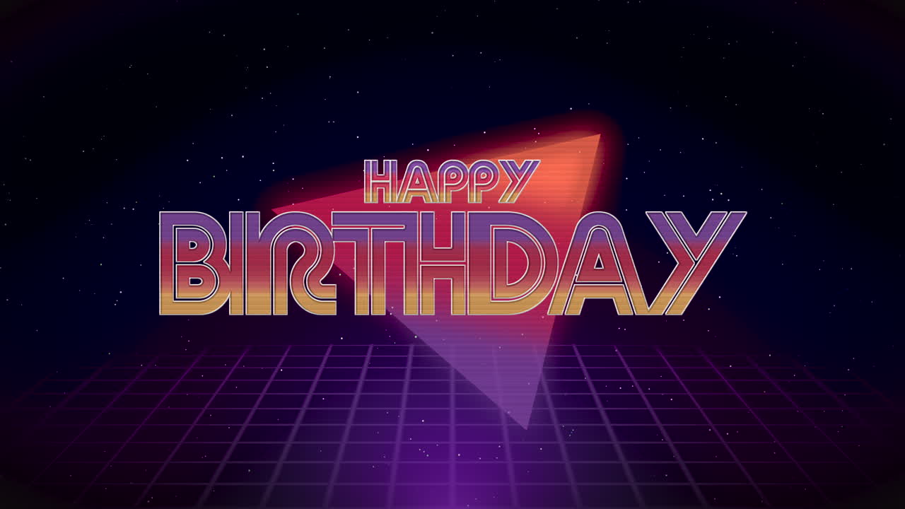 feliz cumpleaños con triángulo y cuadrícula al estilo de los años 80