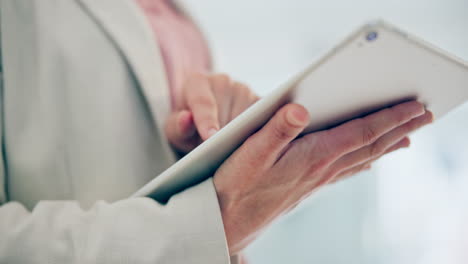 tablet, hands and closeup of businesswoman scroll