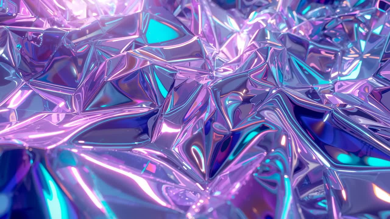 Shifting colored lights causing crumpled metallic sheet reflecting wave-like highlights in studio