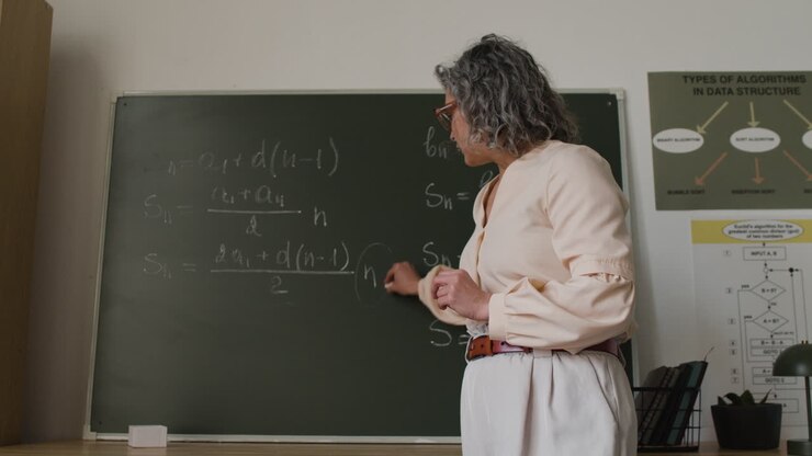 Teacher explaining algorithms on a blackboard