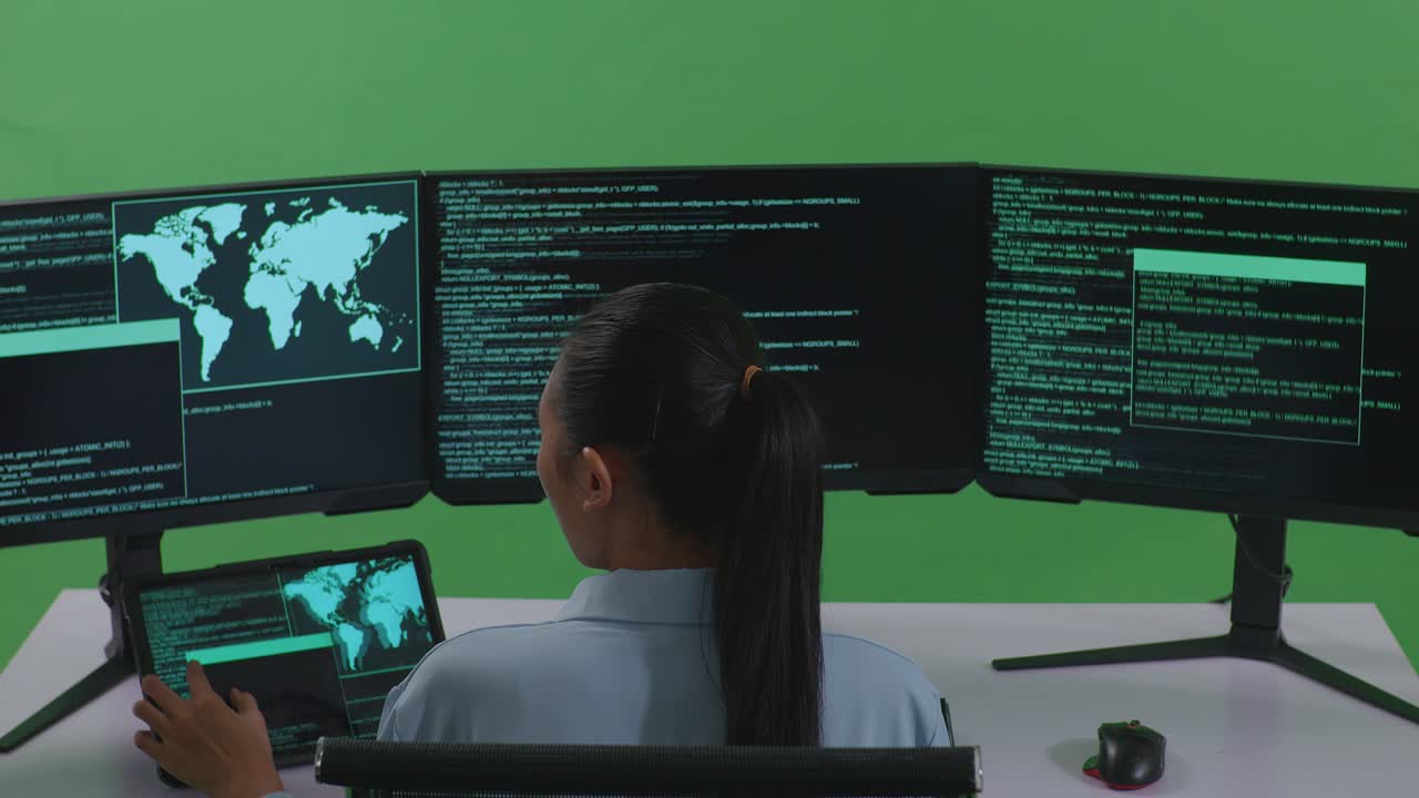 Back View Of Asian Woman Developer Working With Tablet While Write Code With Multiple Computer Screens In Green Screen Studio