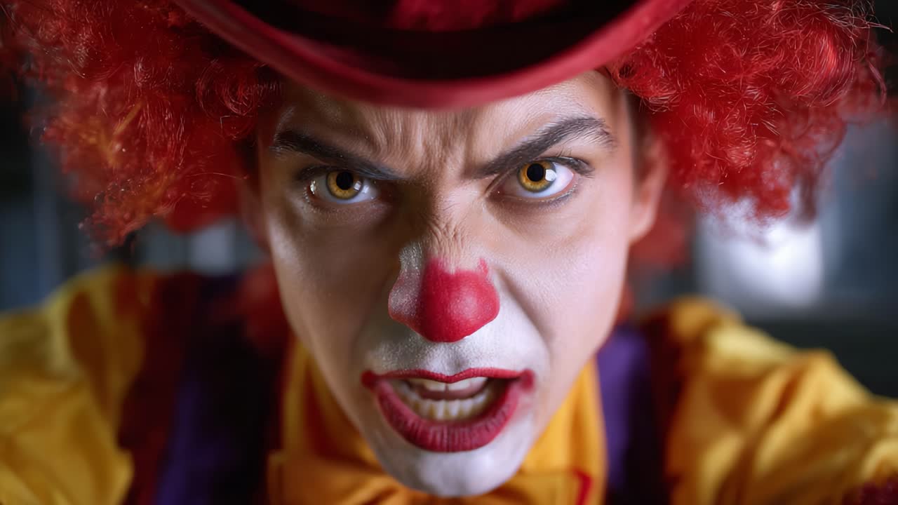 Intenst udtryk fra en klovn med markant makeup og farverigt kostume, indfanget i et nærbillede, der fremhæver følelser og karakter i forestillingen