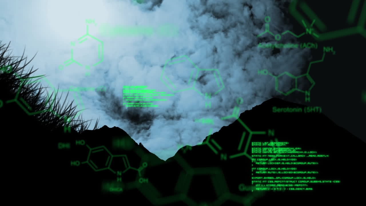어두운 풍경 위에서 과학적 데이터 처리의 애니메이션