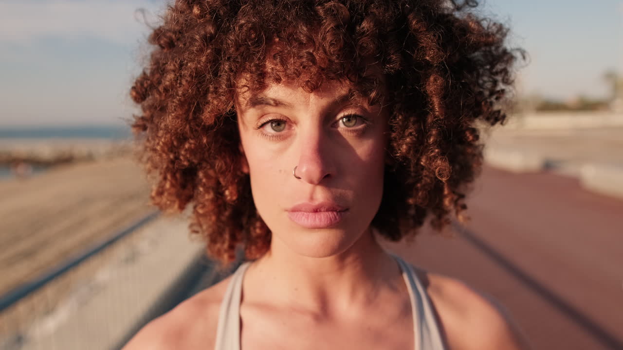 Focused Woman on Beach Boardwalk Fitness