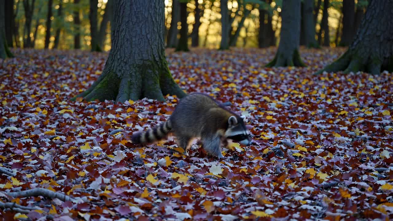 A raccoon forages through colorful autumn leaves in a forest