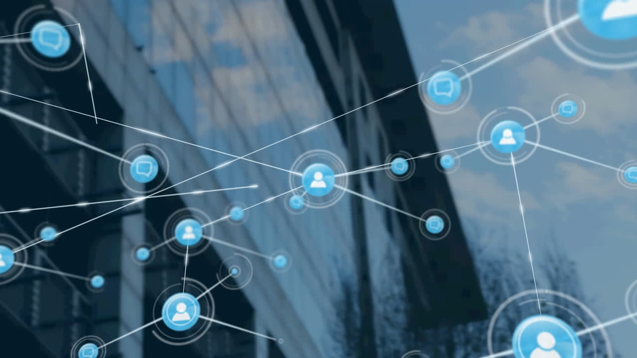 Network of profile icons against tall buildings in background