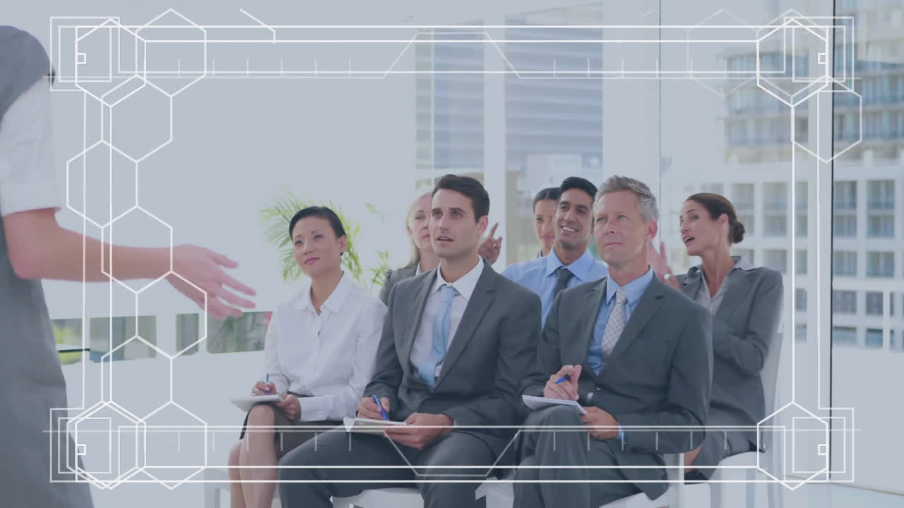 Listening to animation presentation, business professionals engaging with digital interface overlay