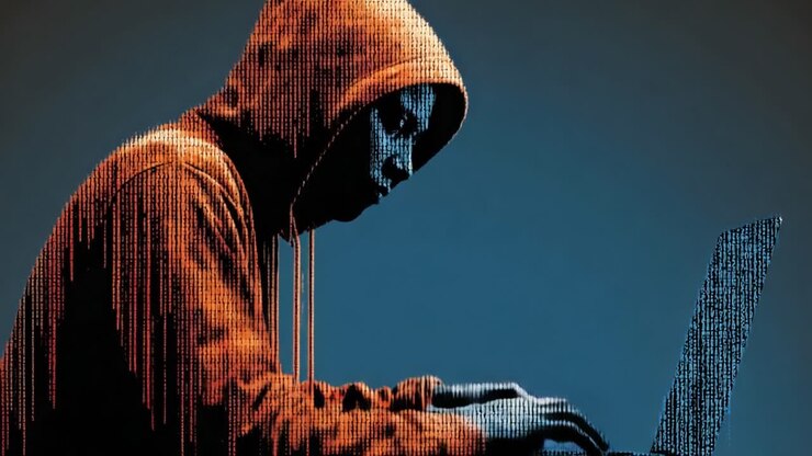 En cyberdetektiv: Udforskning af dybderne i digital efterforskning, hvor en hætteklædt person beskæftiger sig med kompleks kode på en laptop og udlever hackingens verden