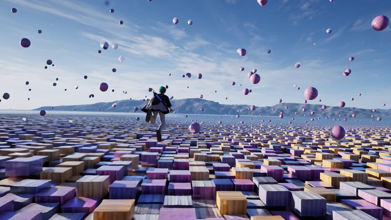 A surreal landscape filled with vibrant, floating spheres and colorful cubic structures, creating a dreamlike environment that inspires imagination and wonder in the viewer