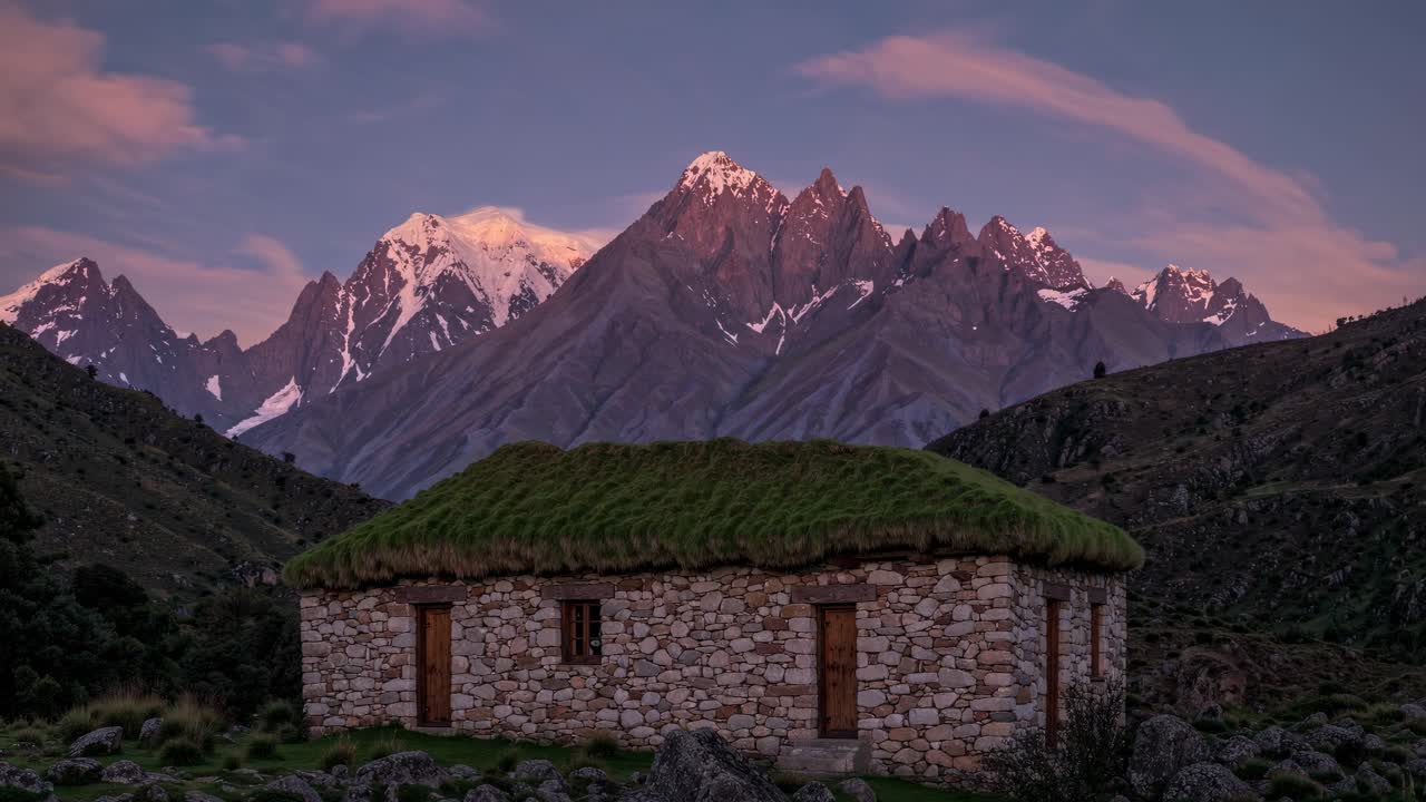 Stone house with mountain backdrop