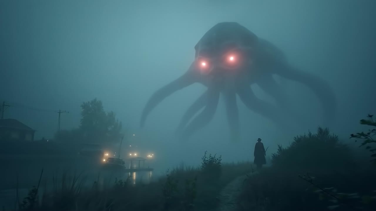 Un polpo gigante con gli occhi rossi nel mezzo di una notte nebbiosa
