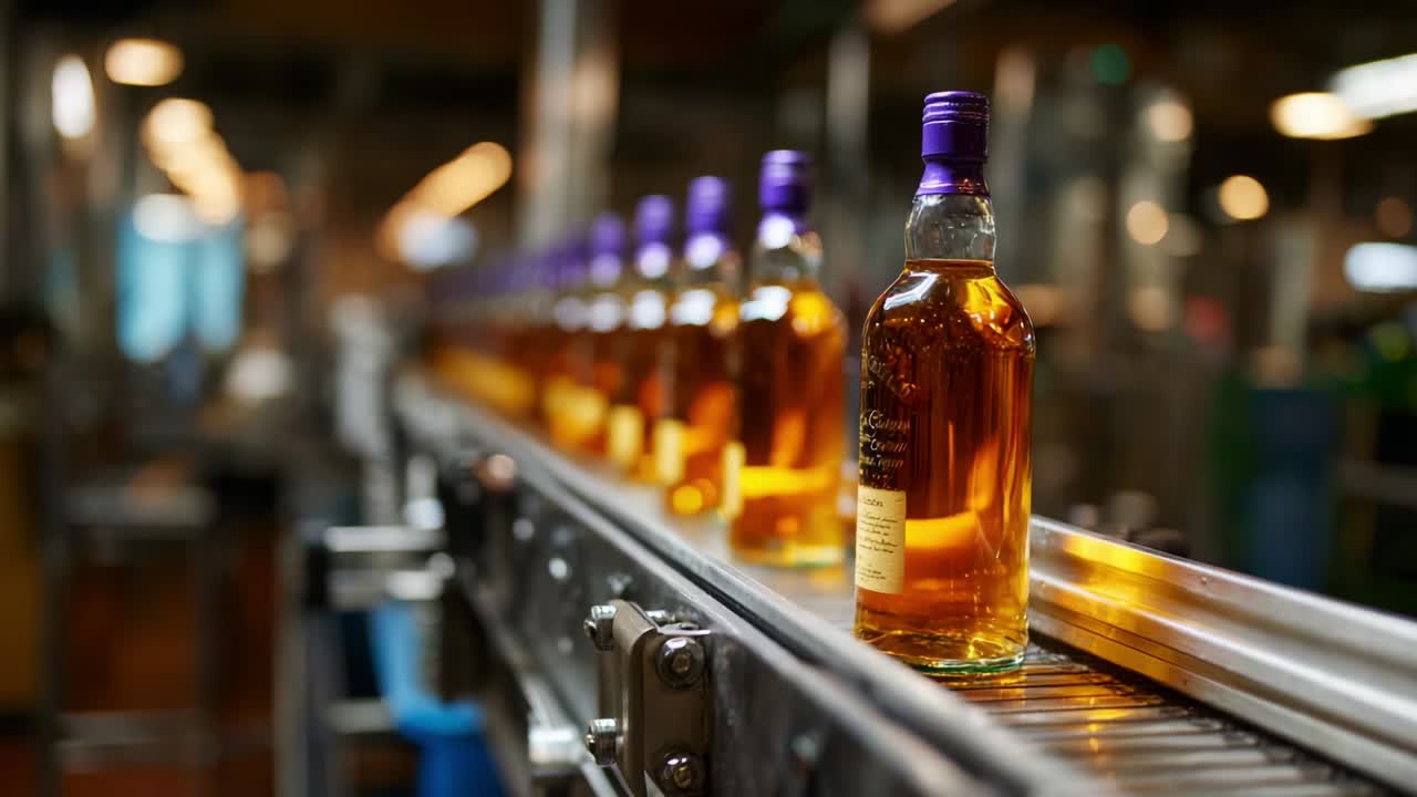 An Insight into the Production Process of Bottled Spirits: Capturing the Journey of Elegant Glass Bottles Filled with Rich Golden Liquor Moving Seamlessly Along the Conveyor Belt in a Modern Distillery Environment