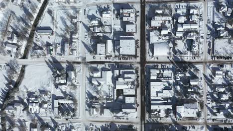 birdeye aerial view of ouray, town in southwestern colorado usa on winter season and sunny day, top down drone shot
