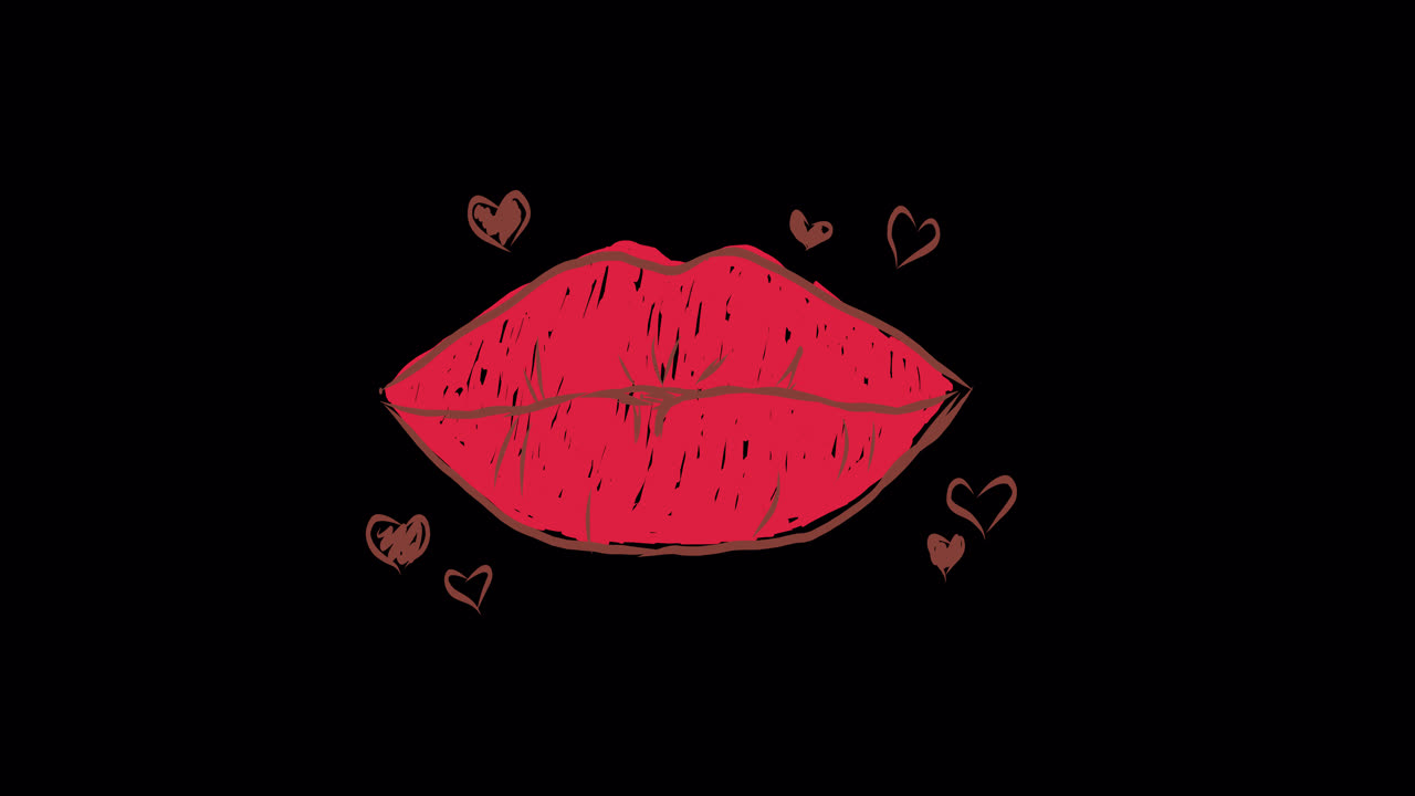 Disegno animato di labbra rosse con cuori su sfondo nero