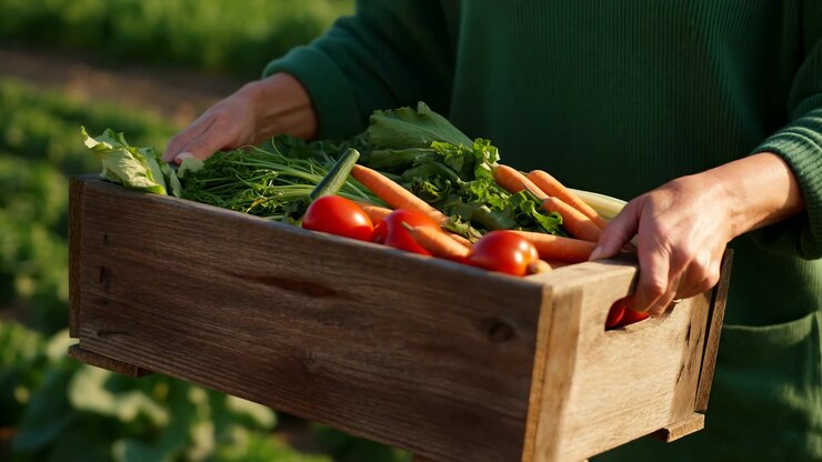 Adult hands in green sleeves grip rustic wooden crate packed with fresh vegetables in bright field light, with tomatoes, carrots, cucumber, leafy greens, herbs, and natural harvest colors