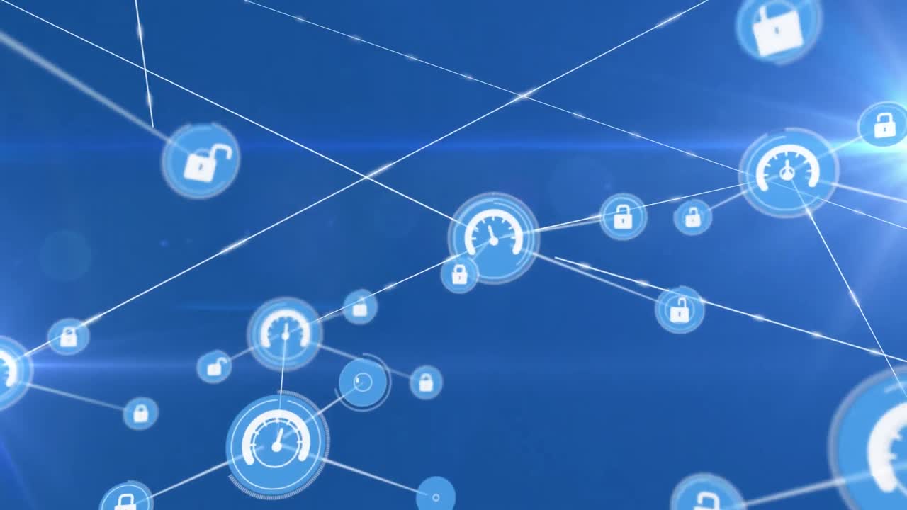 Animation of network of connections with icons over light trails on blue background
