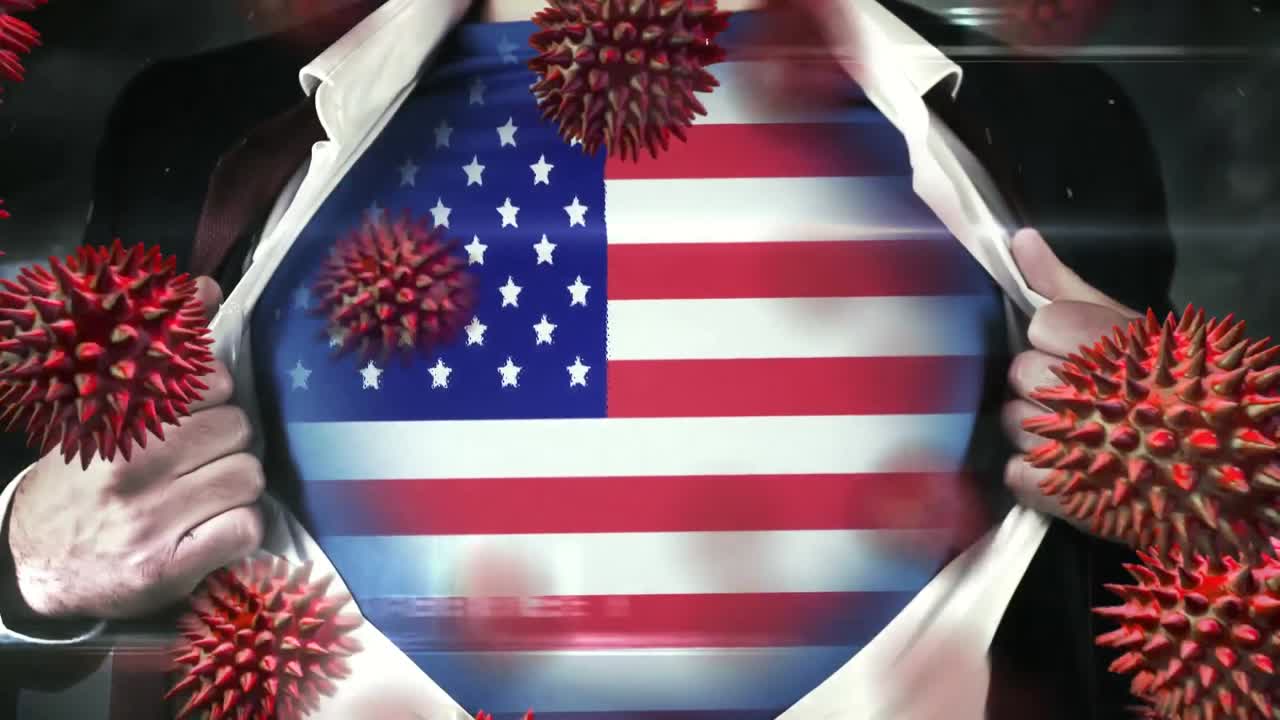 코로나19 세포가 코카시안 남자가 블라우스를  ⁇ 고 퍼지는 애니메이션