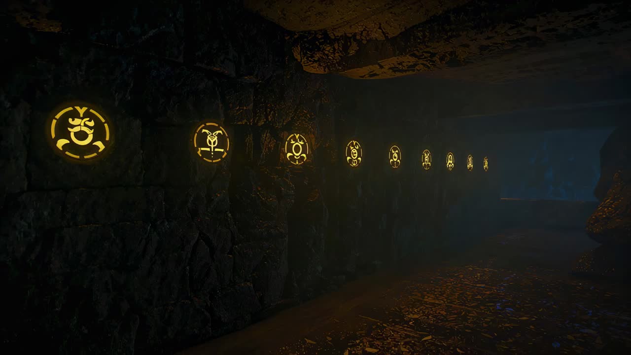 แถวของ glyphs วงกลมเรืองแสงเรียงรายบนผนังถ้ำด้านซ้าย กล้องเคลื่อนไปข้างหน้าเพื่อเผยให้เห็นอุโมงค์