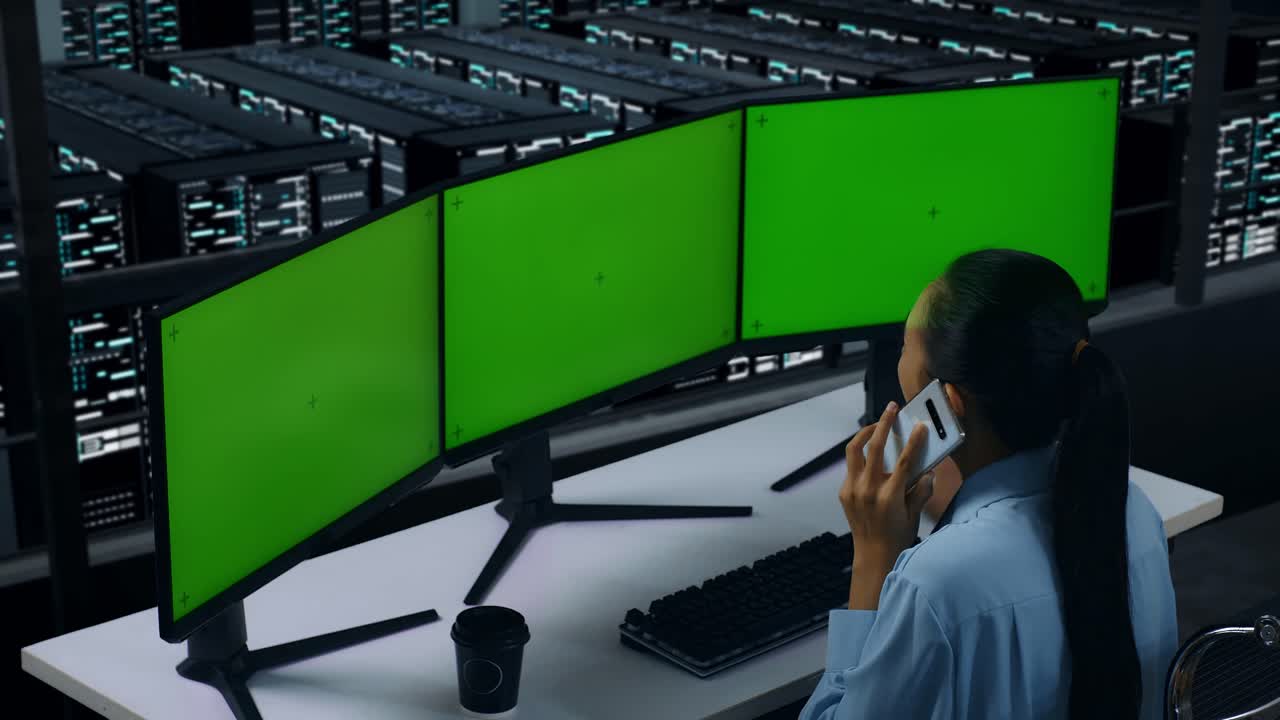 vista lateral de una mujer asiática hablando en un teléfono móvil mientras trabaja con un simulacro de varios monitores de computadora en un centro de datos