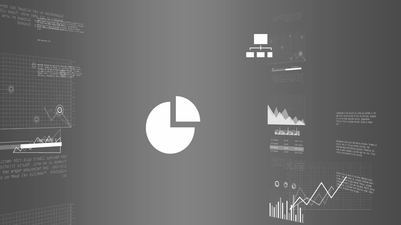 White pie chart icon floating on smooth grey gradient, showing semi transparent grid, charts, text