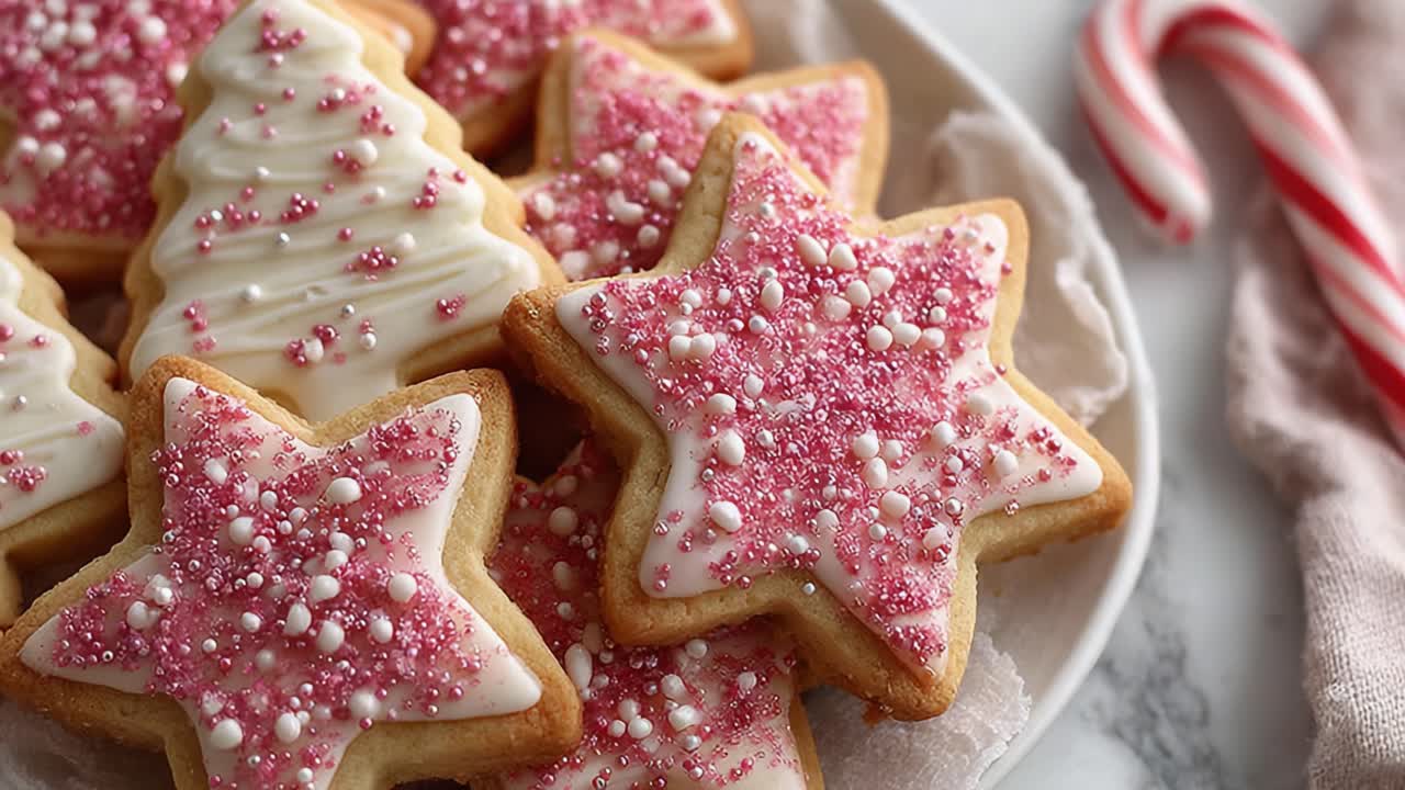 Delightful Holiday Sugar Cookies Decorated with Pink Sprinkles, Featuring Star and Christmas Tree Shapes on a Festive Plate, Perfect for Seasonal Celebrations
