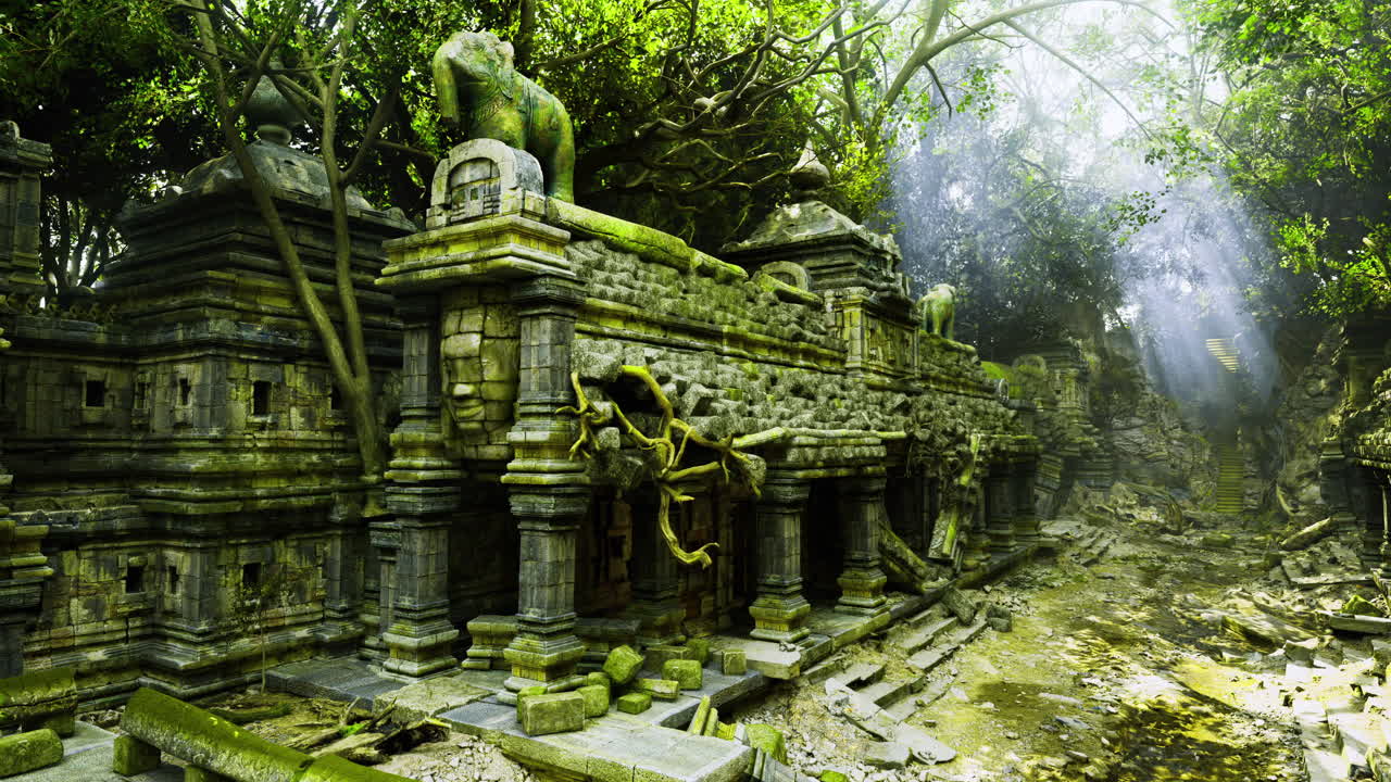 Ancient temple ruins surrounded by lush greenery at dawn