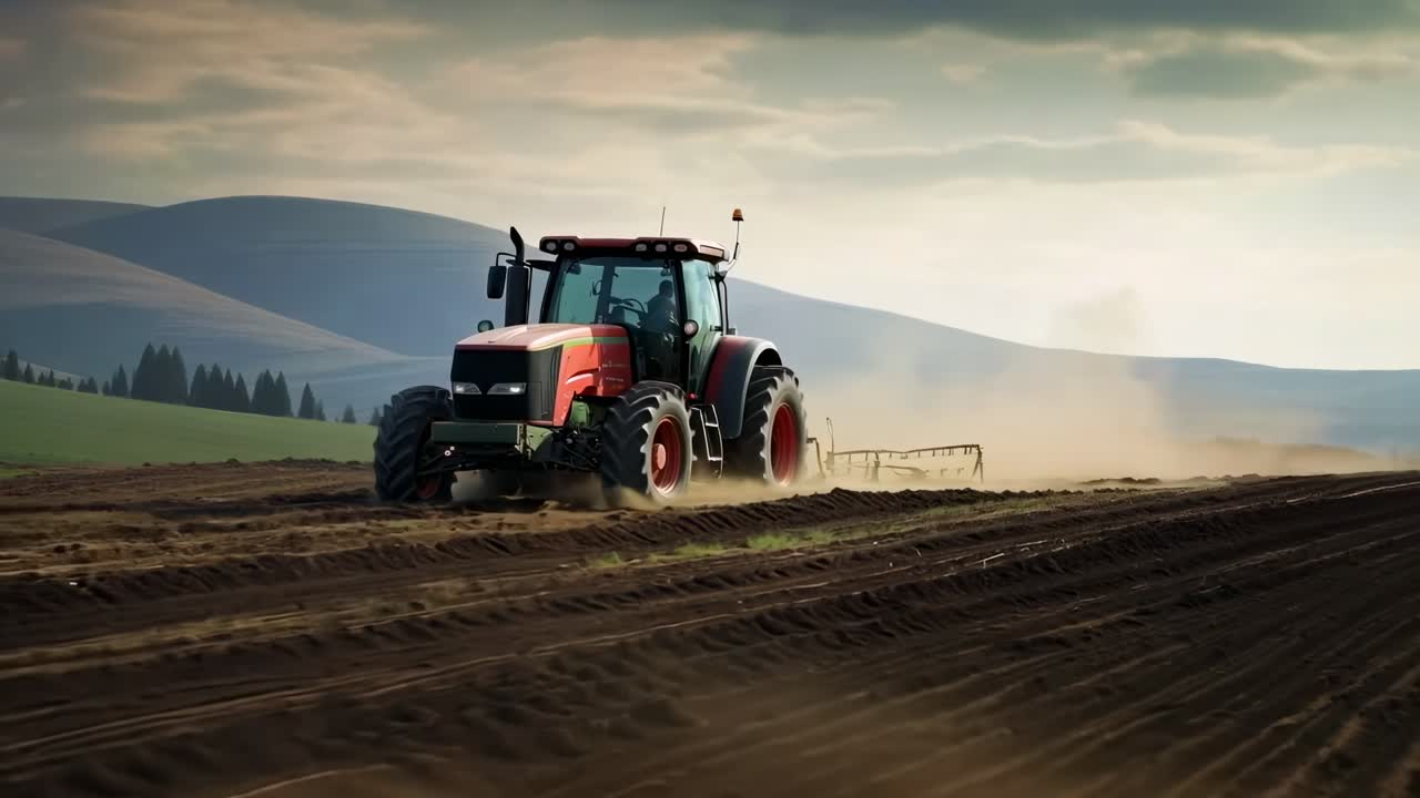 A red tractor plows a field under a cloudy sky. The tractor, essential for farming, works