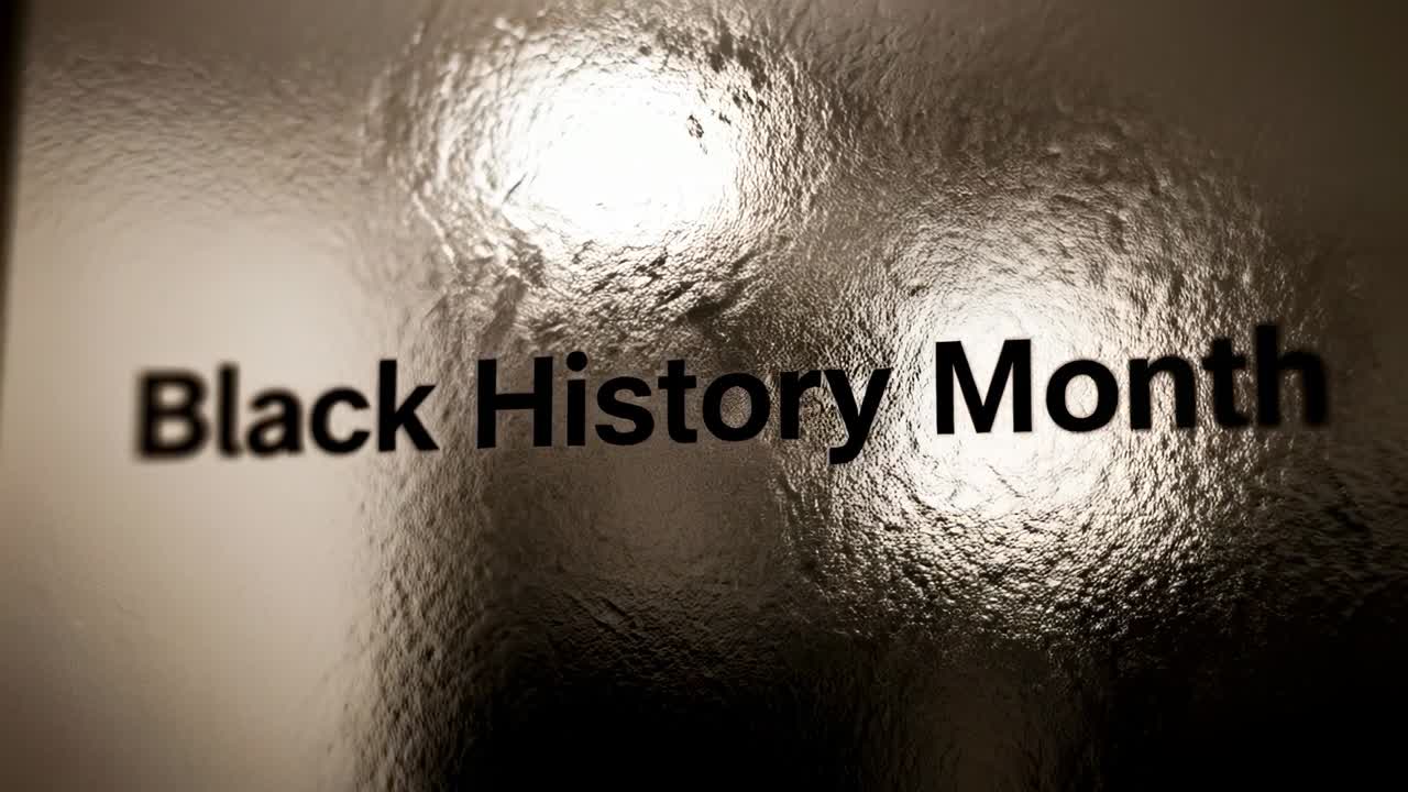 Spostamento della camera che mostra il testo del Black History Month su vetro smerigliato in una stanza con due riflessi