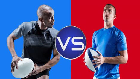 Animation-of-diverse-male-rugby-players-holding-balls-over-blue-and-red-background