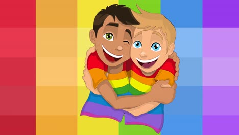 Animation-of-two-boys-hugging-over-rainbow-stripes