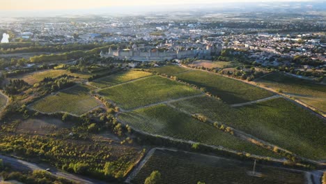 aerial revealing shot of the medieval citadel carcassonne surrounded by vineyards