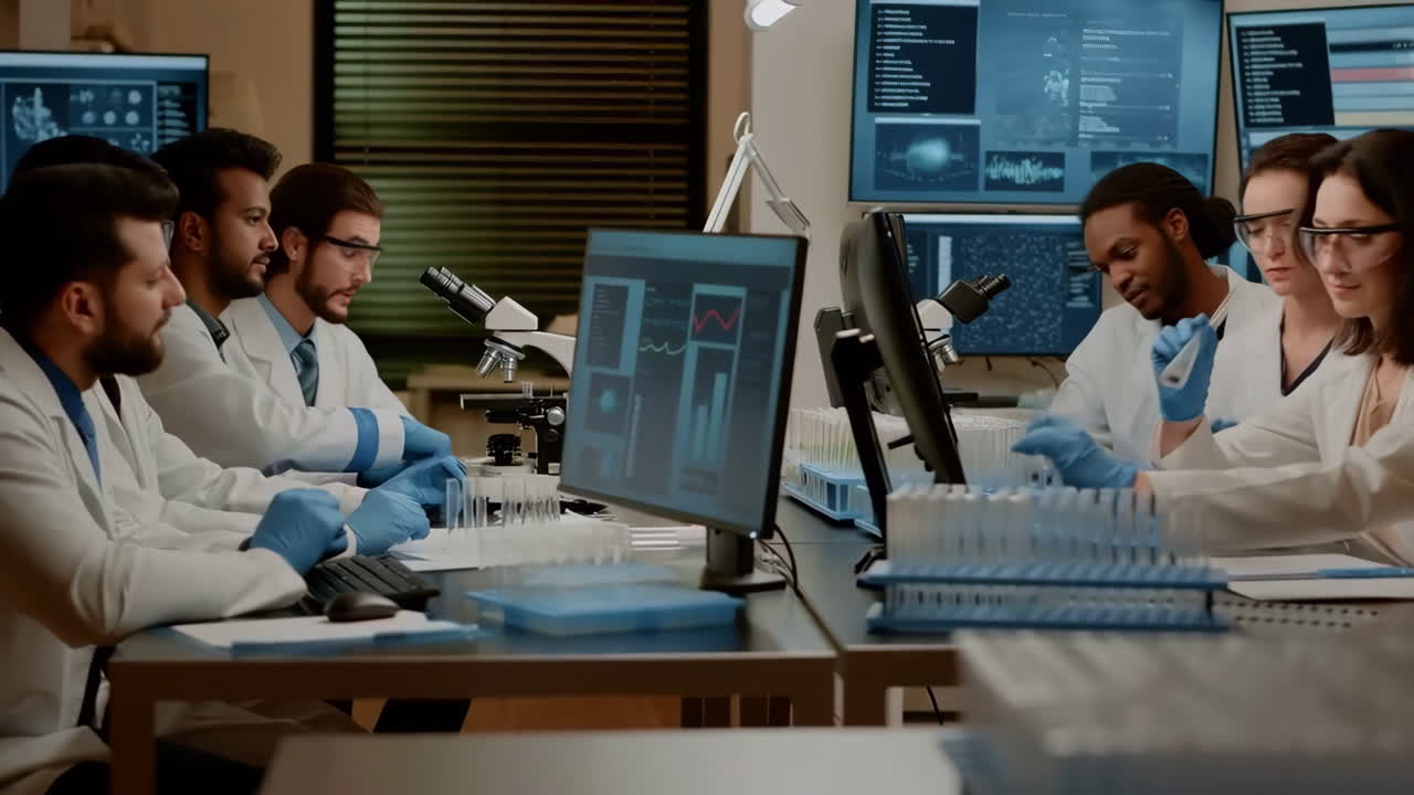 Scientists Team Conducting Experiments and Research in a Modern Laboratory