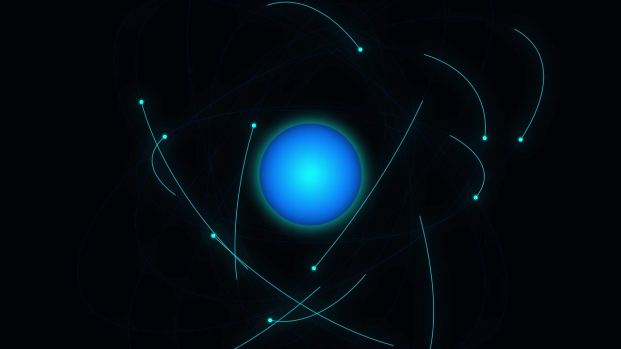 Yörüngesinde dönen parçacıklara sahip parlayan mavi atomun soyut animasyonu.