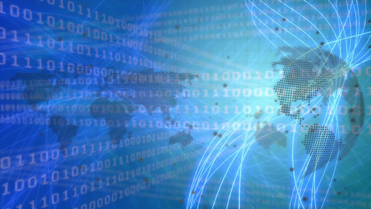 Animation of data processing with world map and globe over light trails on blue background