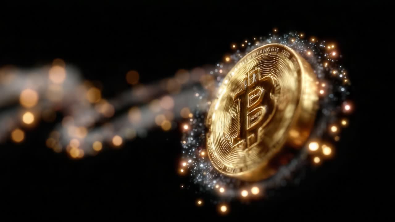 A Stunning Visual Representation of Cryptocurrency with Glowing Bitcoin Coin Surrounded by Galactic Sparks and Cosmic Effects in a Dark Background