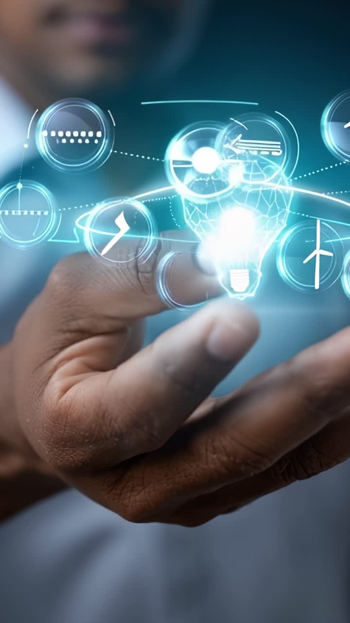 A futuristic hand presenting a glowing light bulb surrounded by symbolic icons representing innovation, technology, and sustainable energy solutions